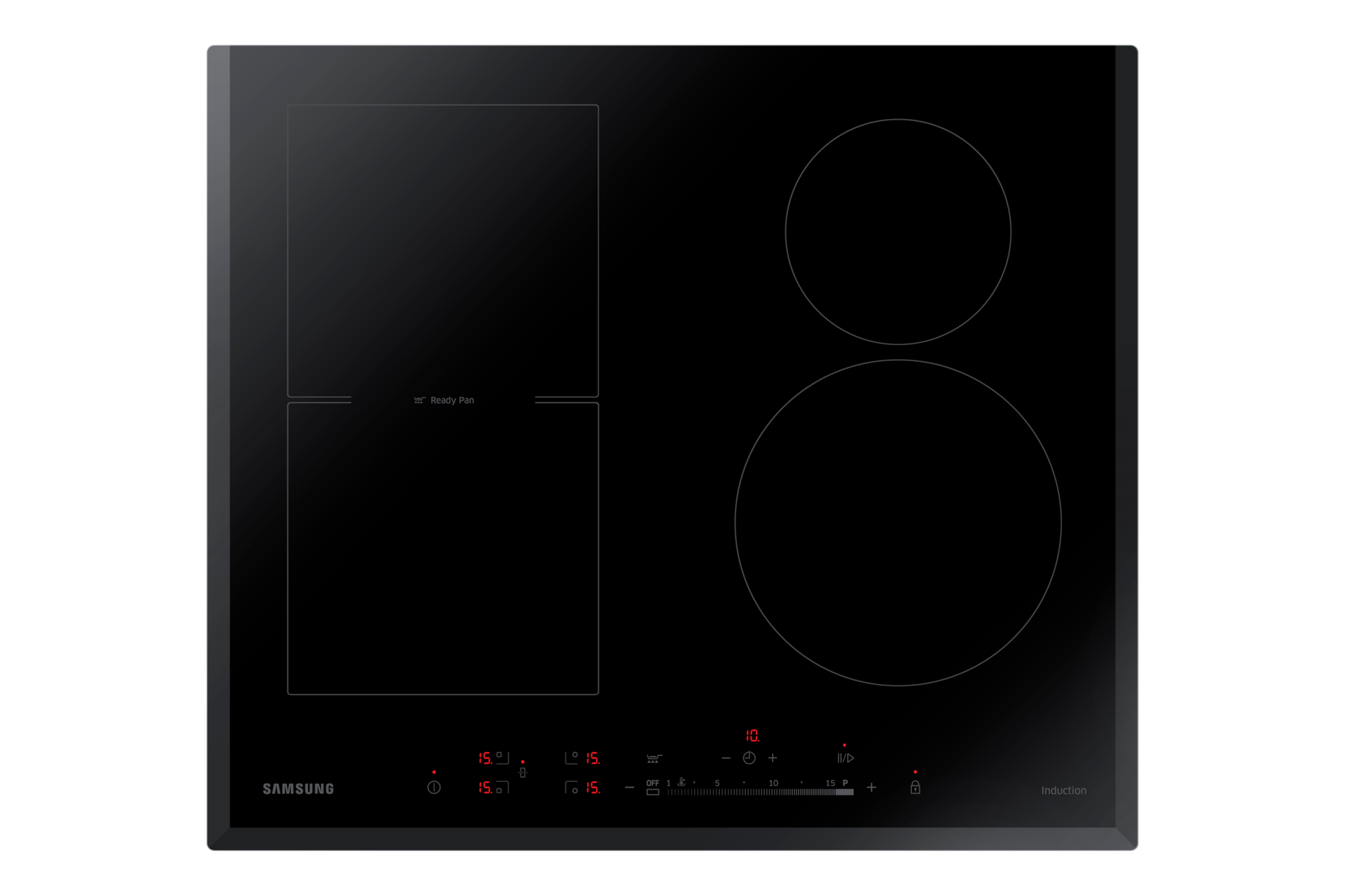 Top down view of the Samsung NZ5000 Induction Cooktop (NZ64H57479K) shows the 60cm width and the elegant, glossy surface.