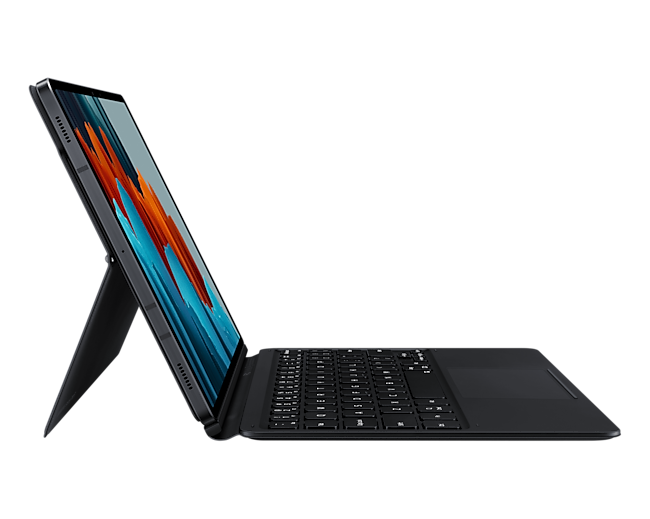 The Galaxy Tab S7 with a Samsung tablet with a keyboard (EF-DT870UBEGWW) in black can take it the way back to 165-degree. Buy keyboard for Samsung tablet here