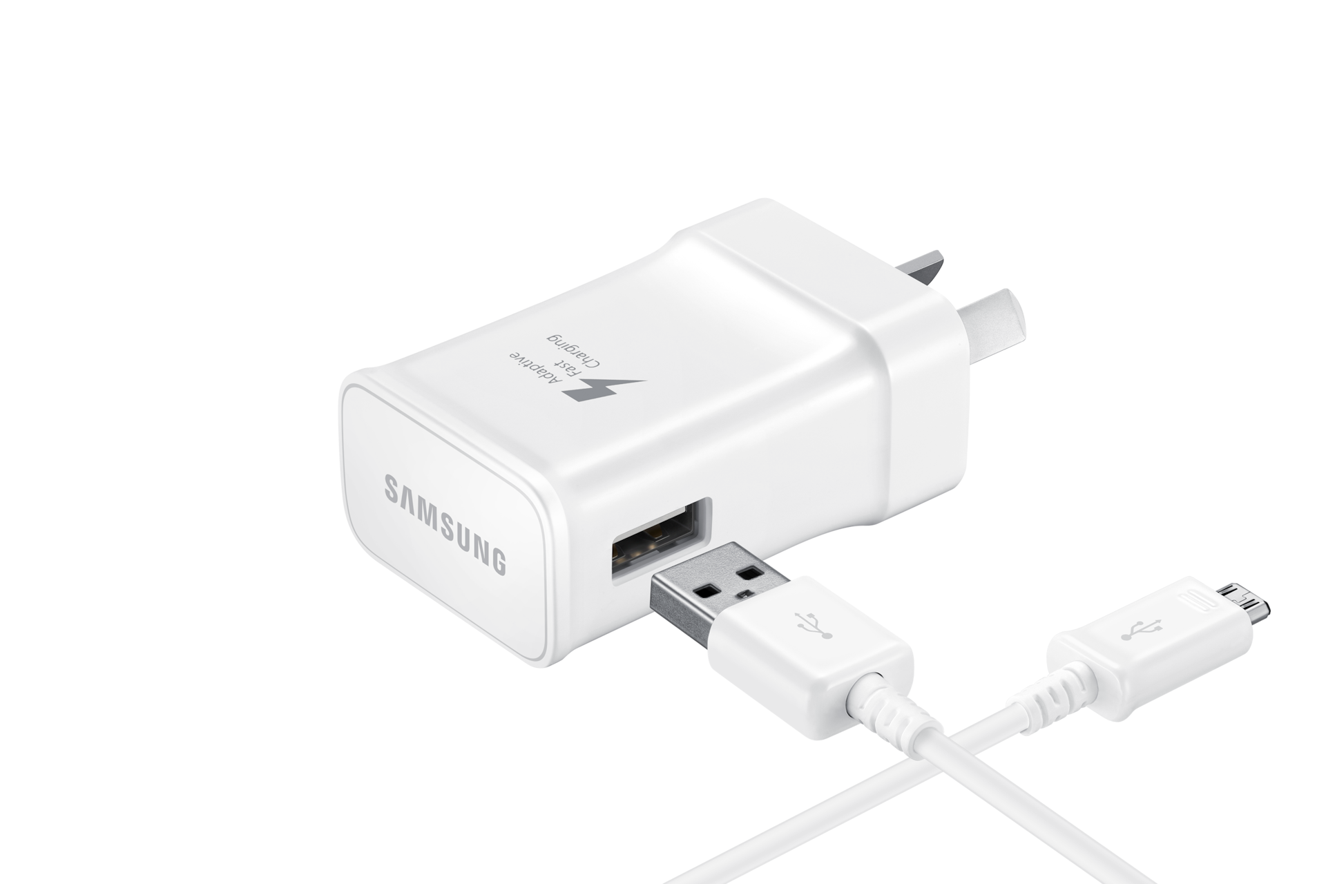 An R-Perspective view of a Samsung charger in white helps charge a device battery from empty to 50% charge in 10 minutes. Buy Samsung charger in NZ