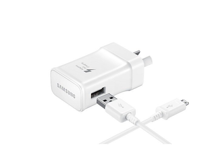 An R-Perspective view of a Samsung charger in white helps charge a device battery from empty to 50% charge in 10 minutes. Buy Samsung charger in NZ