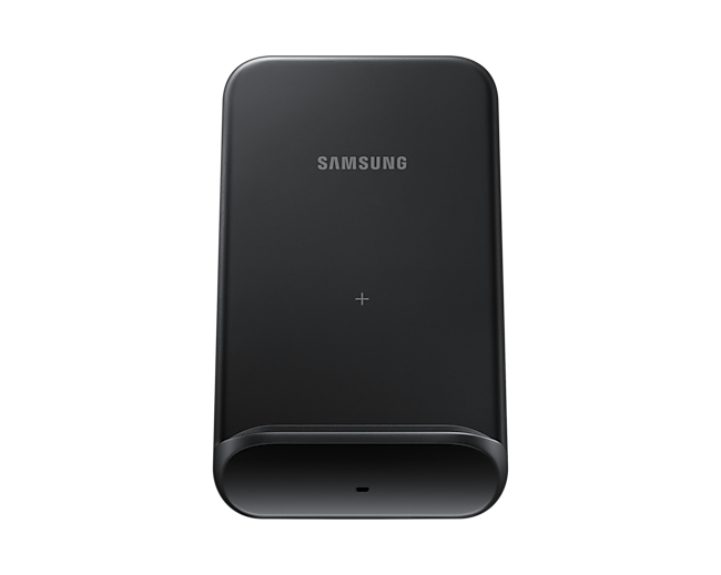 The front of the Samsung Wireless Charger in black comes with the detachable magnetic kickstand to use a Samsung wireless charger as a pad or a stand