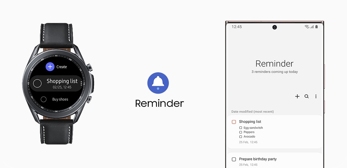 45mm Galaxy Watch3 in Mystic Black is connected to a Galaxy smartphone showing Reminder GUI.