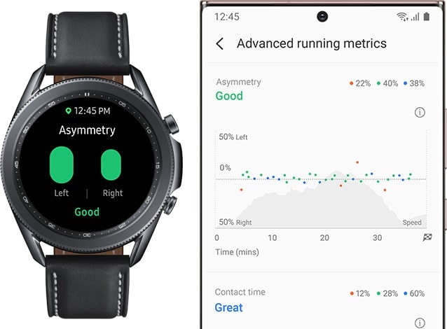 Front view of 45mm Galaxy Watch3 in Mystic Black with Running Analysis GUI. It’s next to a Galaxy smartphone showing levels of running asymmetry.