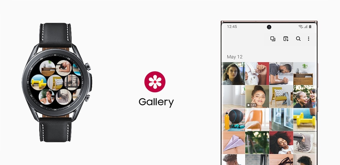 45mm Galaxy Watch3 in Mystic Black is connected to a Galaxy smartphone showing Gallery GUI.