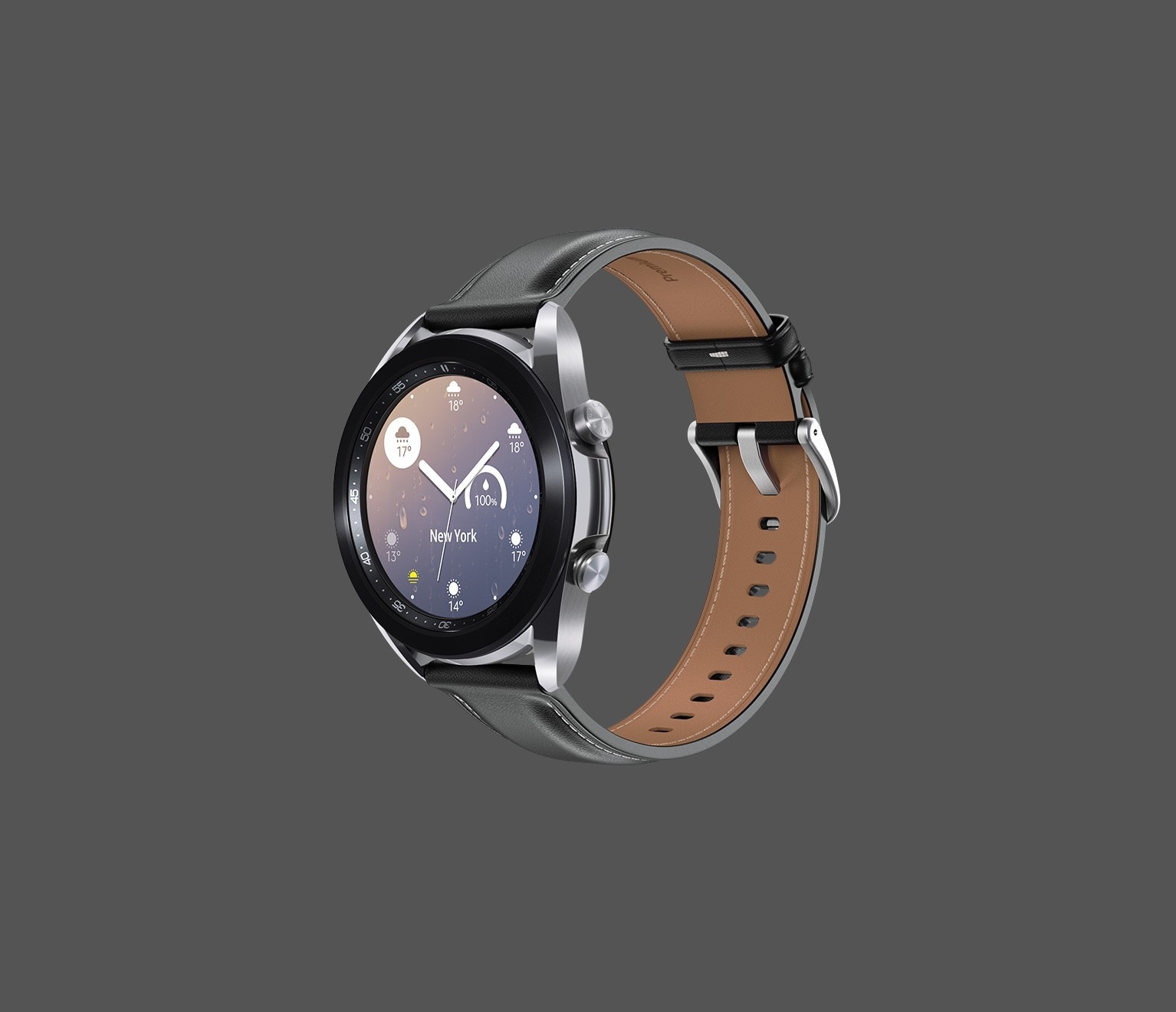 41mm Galaxy Watch3 in Mystic Silver with an Analog Modular Watch Face seen from an angle