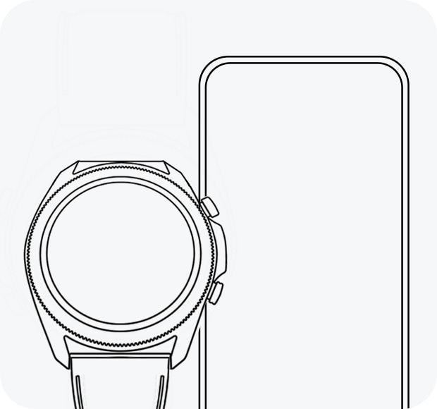 A line drawing showing a front-facing Galaxy Watch3 next to a smartphone, demonstrating its compatibility with different devices.