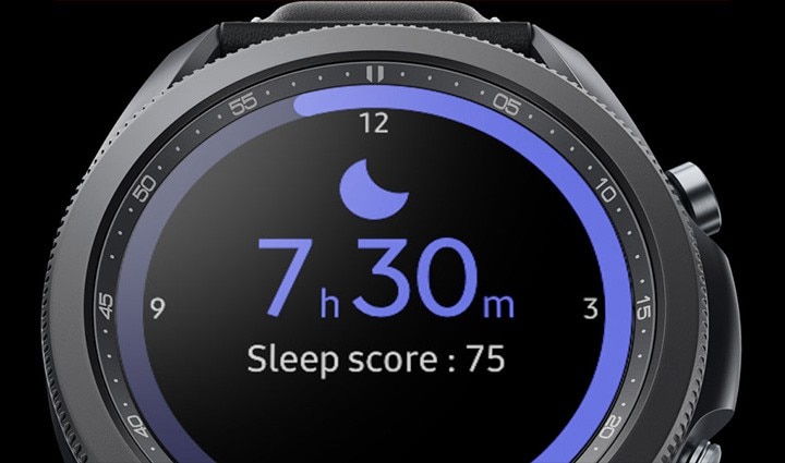 Front view of a 45mm Galaxy Watch3 in Mystic Black with sleep score measurement GUI.