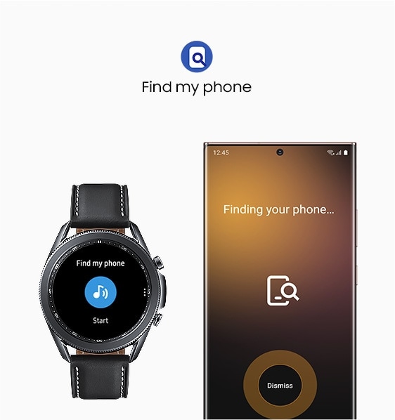 45mm Galaxy Watch3 in Mystic Black is connected to a Galaxy smartphone showing Find my phone GUI.