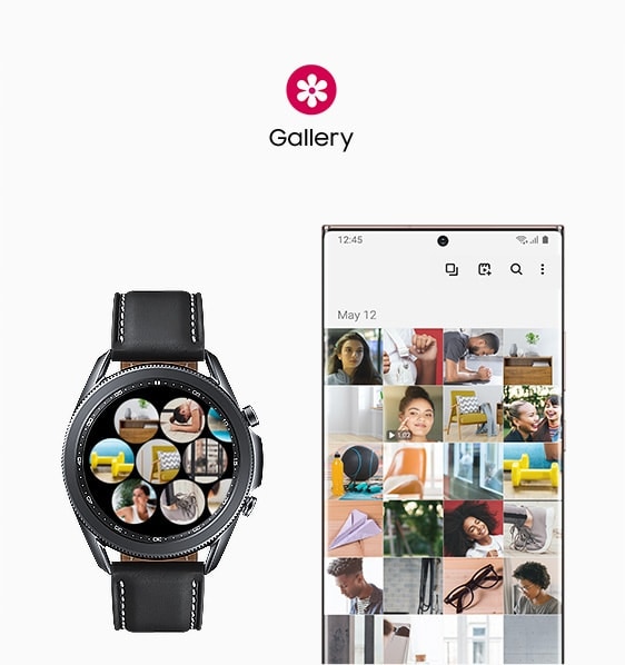 45mm Galaxy Watch3 in Mystic Black is connected to a Galaxy smartphone showing Gallery GUI.