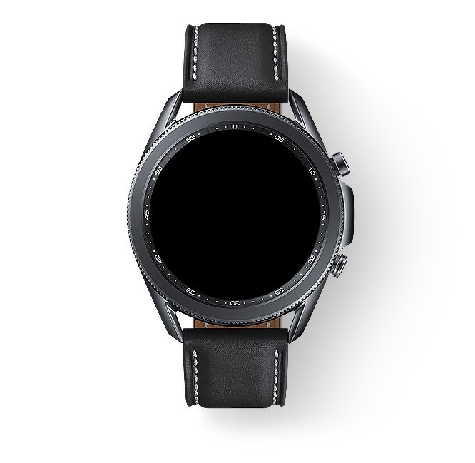 45mm Galaxy Watch3 in Mystic Black with Smart Reply GUI.