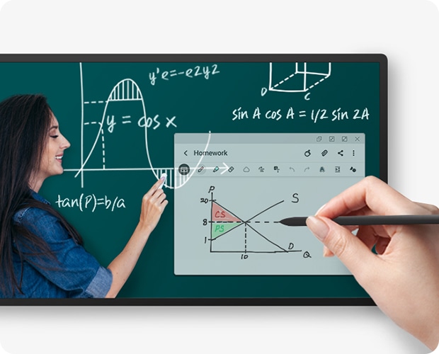 A closeup view of a tablet screen shows a video of a woman drawing graphs on a chalkboard. A person is drawing another graph with the S Pen on the transparent pop-up window on the same screen.