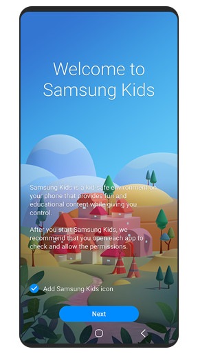 The simulated image of GUI of the Samsung Kids welcome screen with a message and a Next button to proceed to the next step.