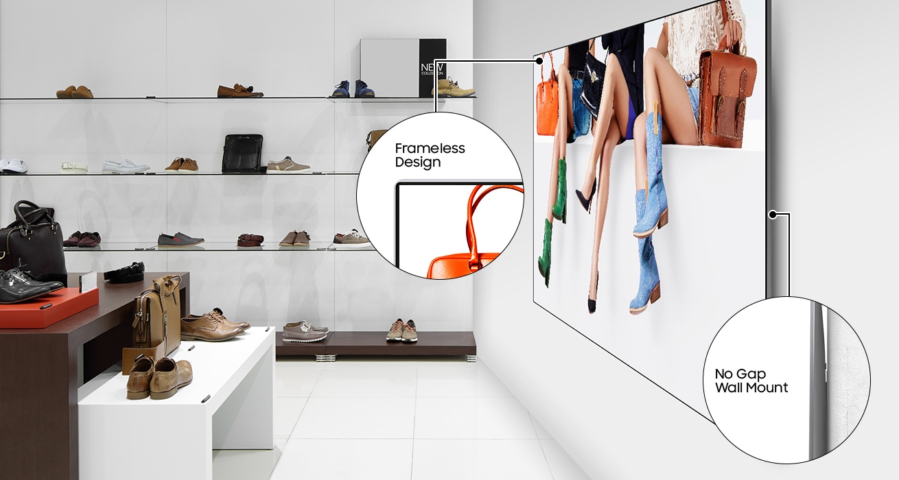 An image of a QHH display unit attached to the wall of a clothing store, airing a commercial. Also, a manified part of the display shows its frameless design and no-gap wall-mount features.