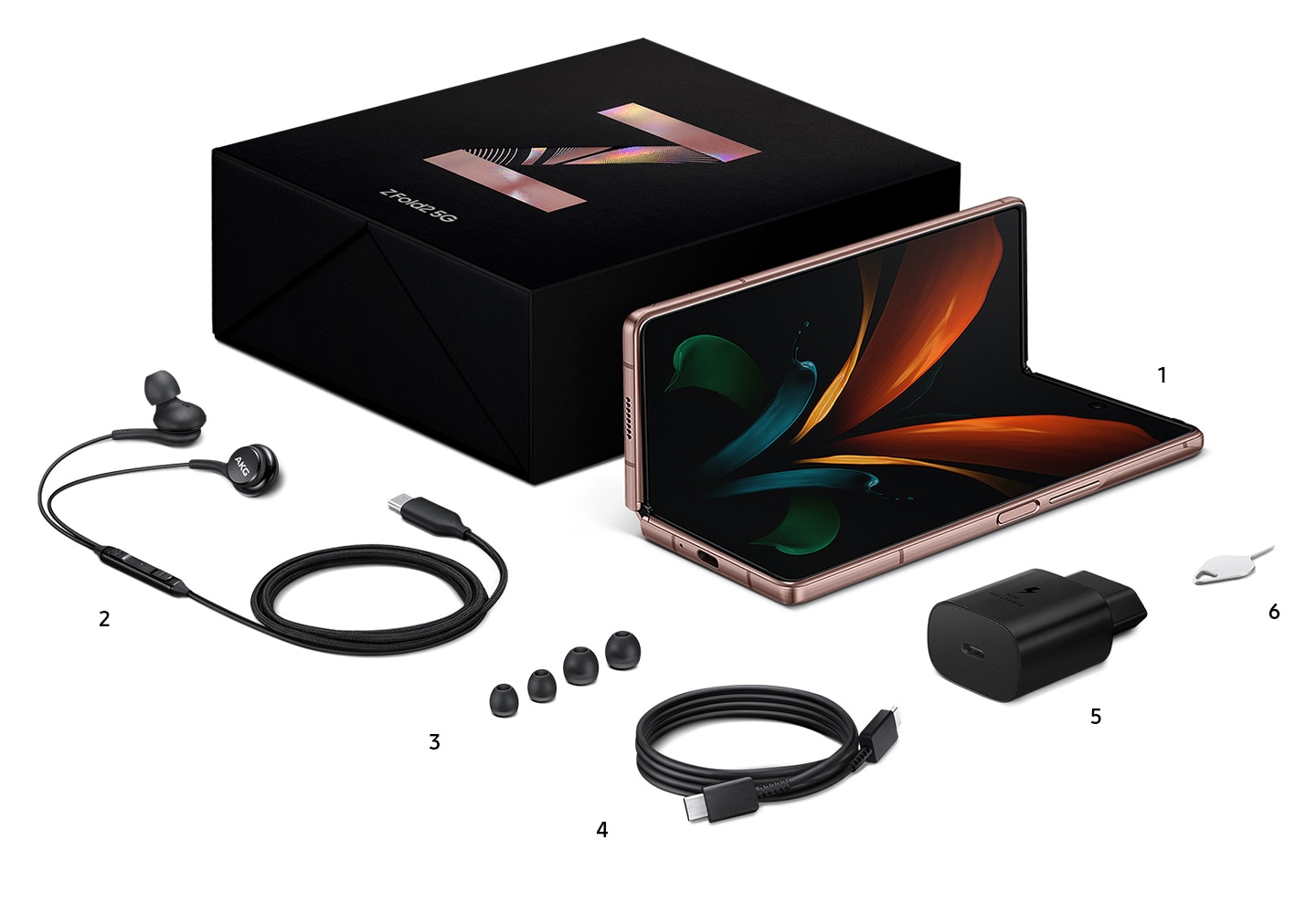 There are the contents of Galaxy Note20 Ultra series laid together - a box, a Galaxy Note20 Ultra, a pen, a power adoptor, an ejection pin, a data cable, eartips and a pair of AKG wired headphones.
