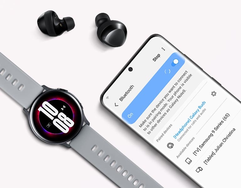 Black Galaxy Buds plus next to compatible Galaxy devices, with a phone displaying the Bluetooth pairing screen and a watch showing the time.