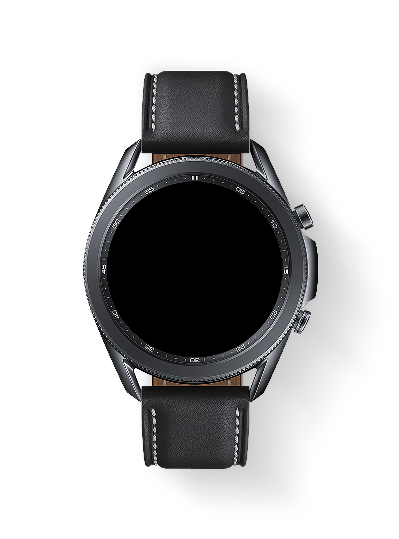 Messages show the sending and receiving messages. A selfie is received, zooming out to show the 45mm Galaxy Watch3 in Mystic Black with Smart Reply GUI.