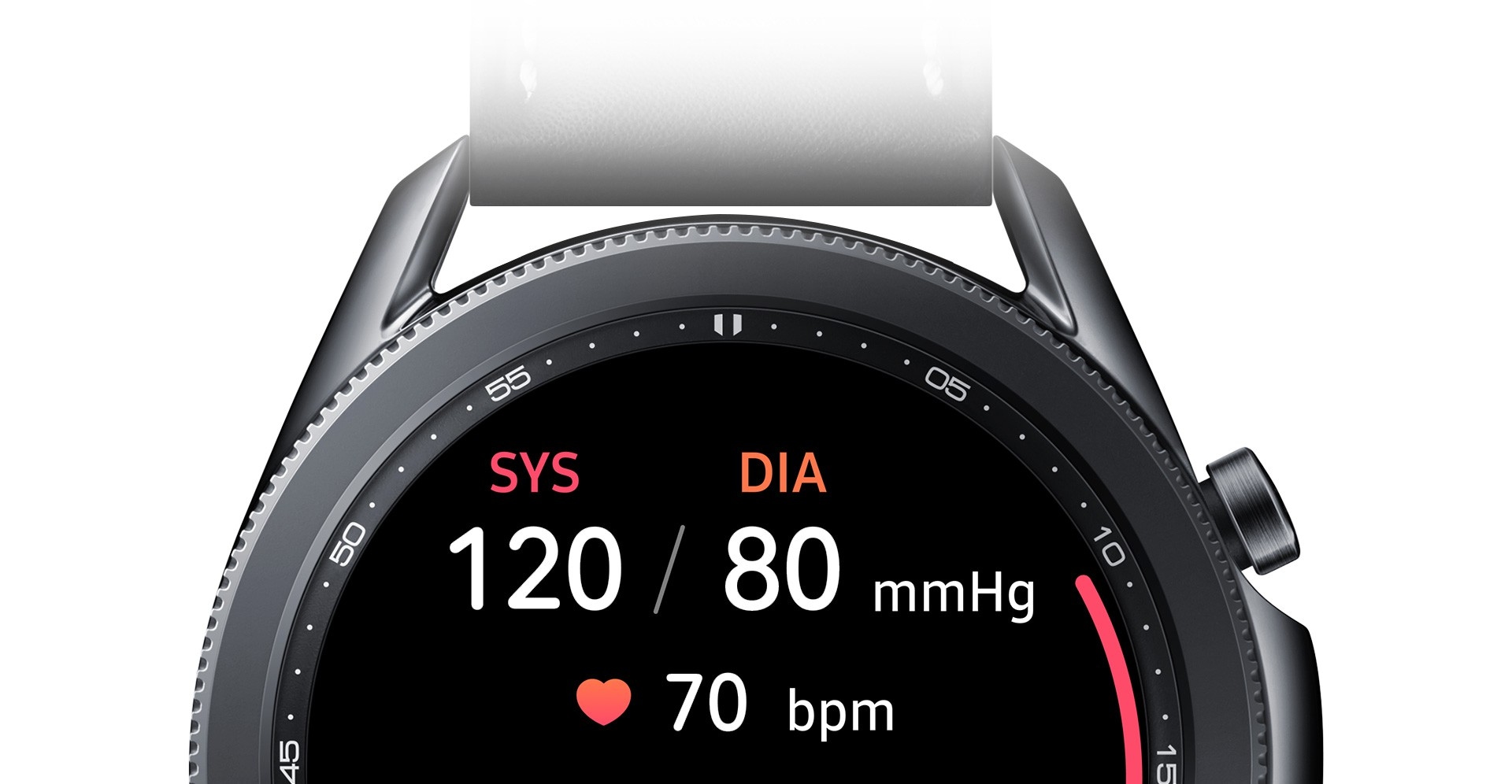 Partial front view of a 45mm Galaxy Watch3 in Mystic Black, showing blood pressure measurement GUI on its watch face.
