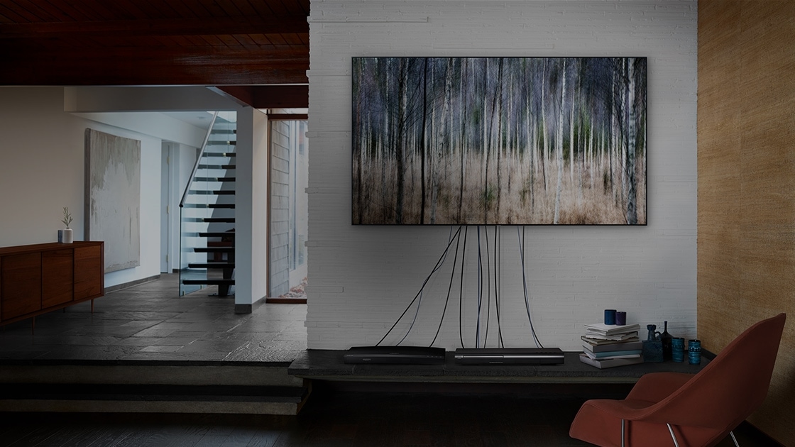 Qled Tv Blends Into Your Life Samsung Africa En This Image Explains The Changed Area By Invisible Optical Fiber Cable Various Wires Are Connected With Set Top Box In Bottom Of Tv Messy Is