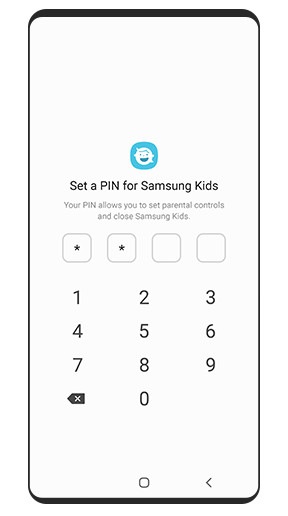 L’image simulée de l’interface utilisateur graphique (GUI) de l’écran de sécurité de Samsung Kids avec un message vous invitant à choisir un code PIN à 4 chiffres.