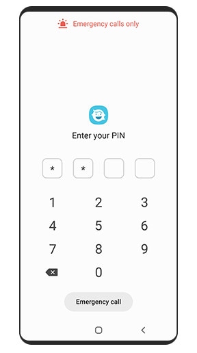 Una GUI muestra la pantalla de bloqueo con PIN de Samsung Kids con la indicación de introducir un PIN y un botón de llamada de emergencia debajo del teclado.