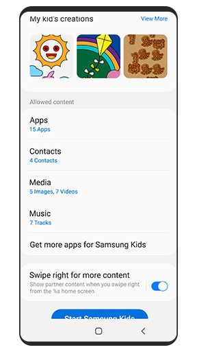 Una GUI muestra la pantalla de Samsung Kids con las creaciones de un niño y los controles parentales para las aplicaciones, los contactos, los archivos multimedia y la música.