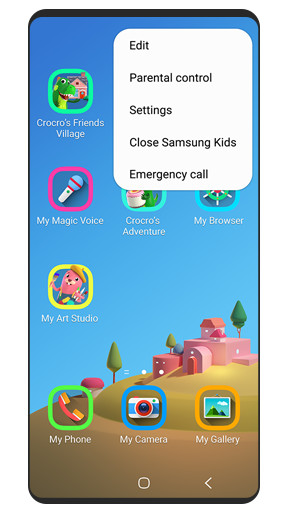 Imagen simulada de la GUI de la pantalla de inicio de Samsung Kids con la opción de tocar el botón superior derecho del menú para acceder a la configuración del control parental.