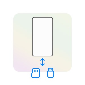 Ein Galaxy-Geräte-Icon erscheint im Zentrum. Unter dem Galaxy sind zwei Icons für Mikro-USB und USB-Speichermedien. Dazwischen ist ein Doppelpfeil, der die Daten symbolisiert, die zwischen dem Galaxy und den Speichermedien übertragen werden.