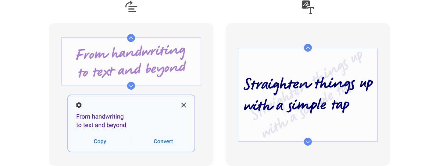 A screenshot shows handwriting converted to text with options "copy" and "convert". A 2nd screenshot shows tilted handwriting with options: "straighten; show clipboard; move forward; move backward".