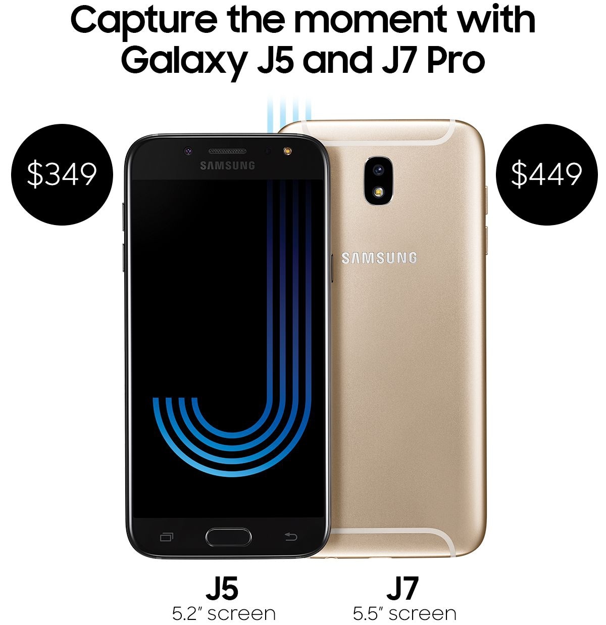 Capture the moment with Galaxy J5 and J7 Pro $349 J5 5.2" screen | $449 J7 5.5" screen
