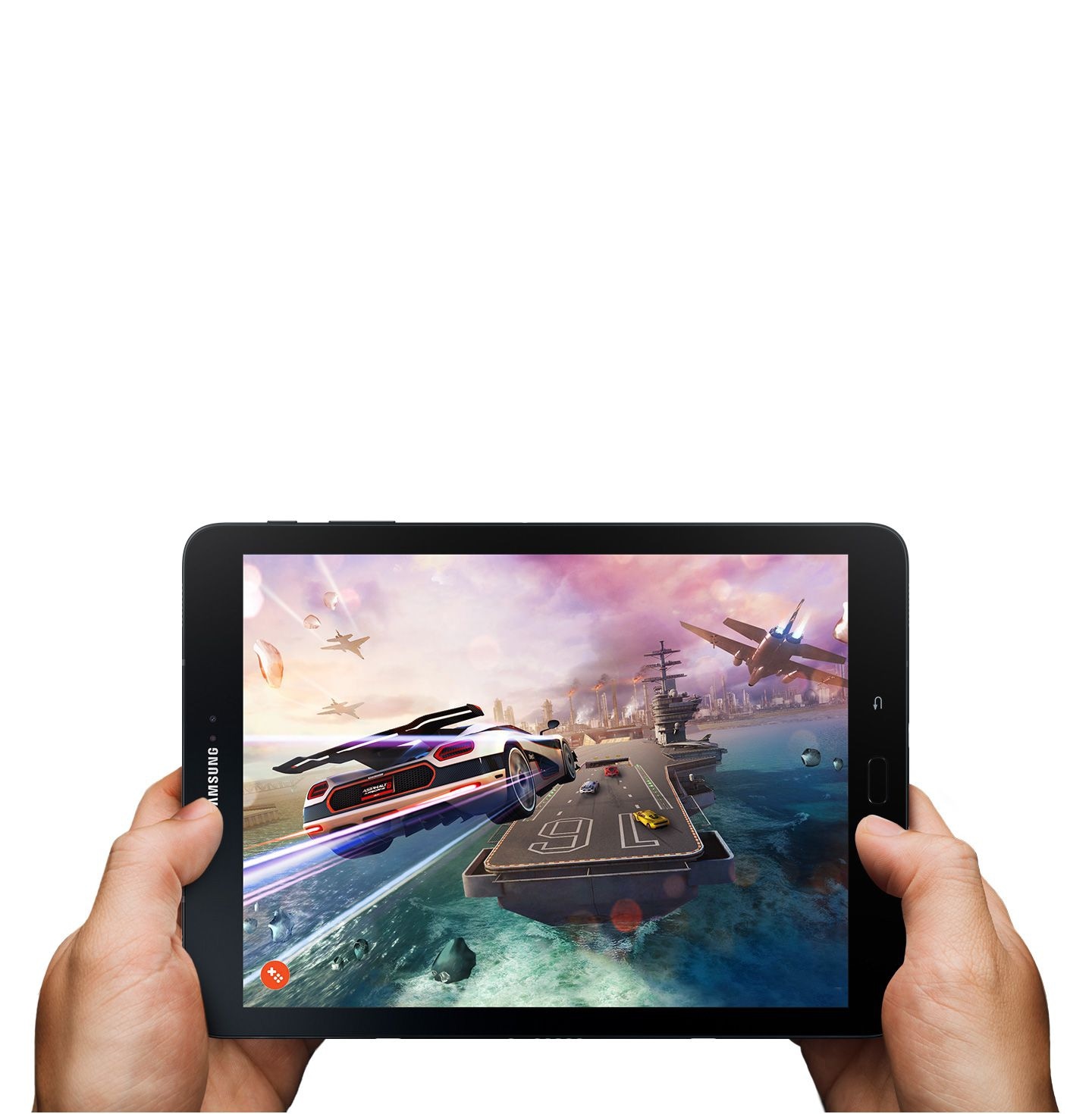 Galaxy Tab S3 being held by two hands and game playing on screen
