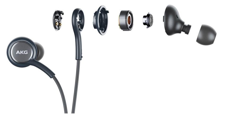 Deconstructed image of earphones tuned by AKG showing