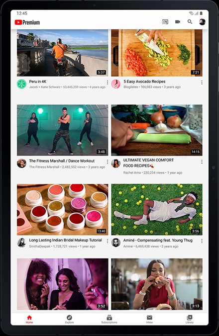 YouTube's main page on Galaxy Tab S7+ shows a variety of videos you can watch or listen to for free