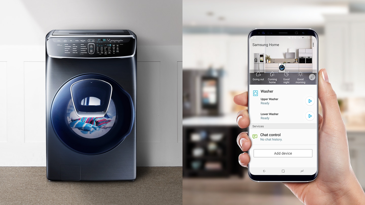 The FlexWash is running according to commands from the Samsung Smart Home mobile application. The Samsung Smart Home app allows you to start laundry, monitor remaining time, and check cycle completion.