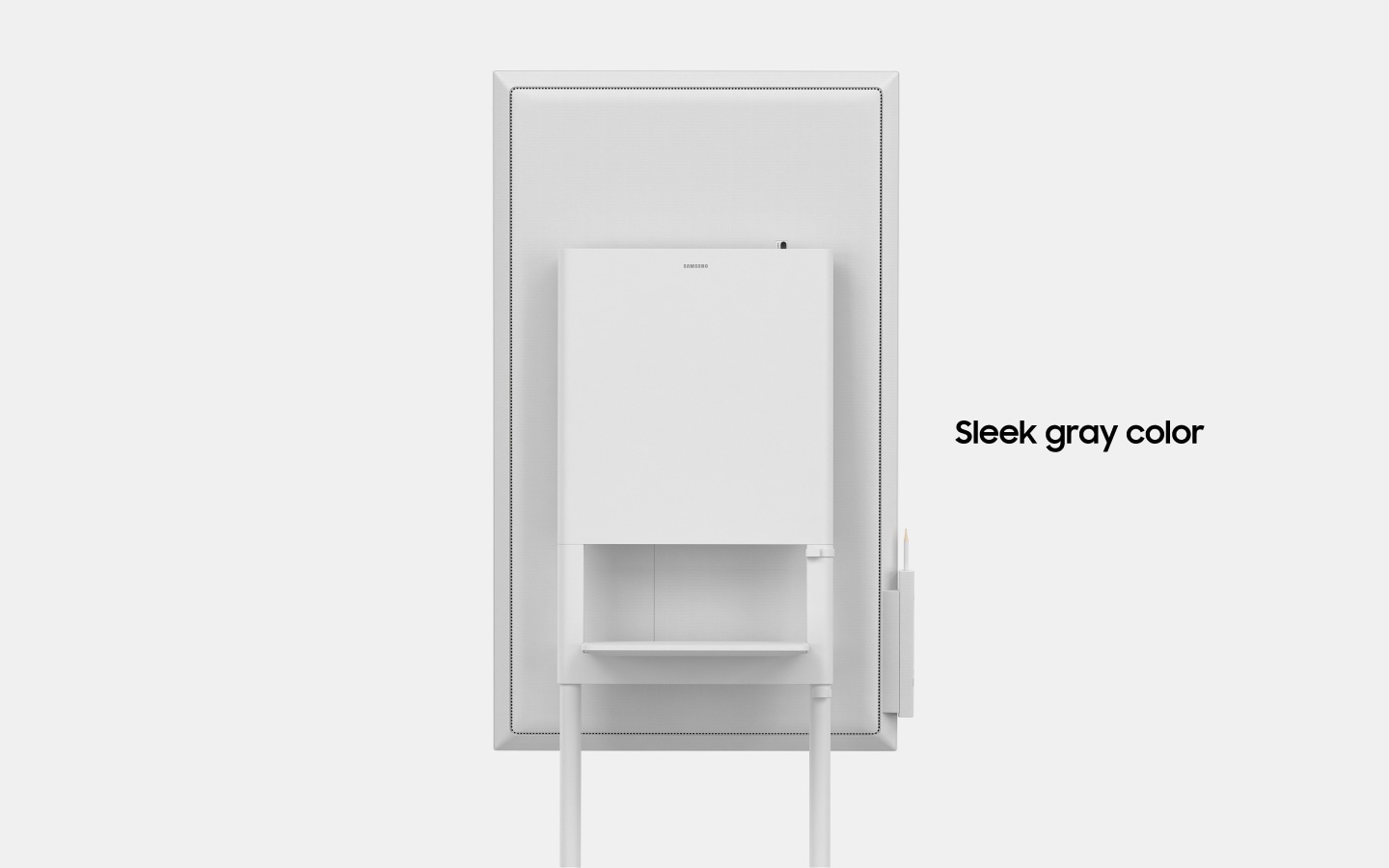 Een afbeelding van een roterende Samsung Flip, waarbij de achterkant van het toestel wordt getoond. Met de tekst "Slank, grijs design". (6-4)