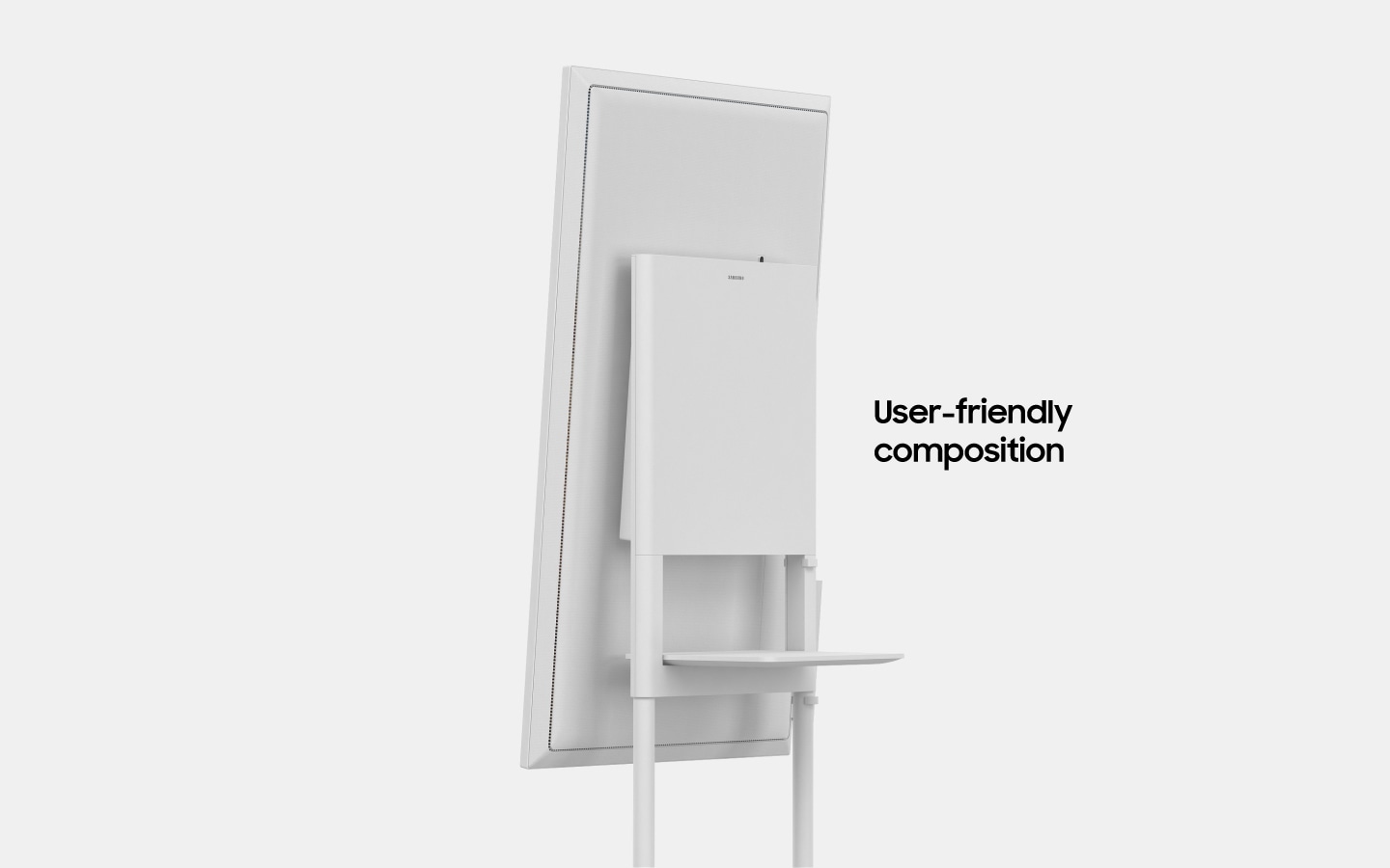 Een afbeelding van een iets naar rechts roterende Samsung Flip, met de tekst "Gebruiksvriendelijk ontwerp". (6-5)