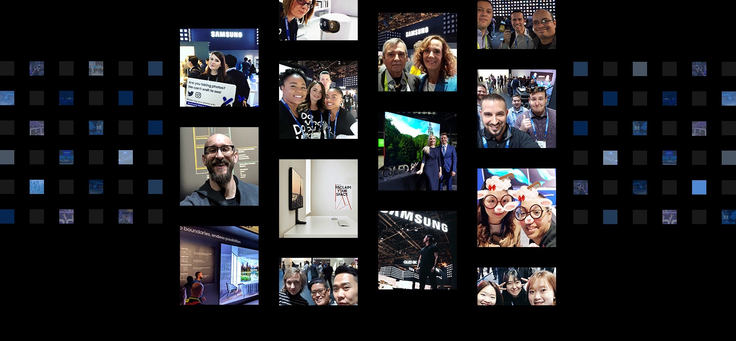 14 fotos de publicações em mídias sociais sobre o tema “Samsung City” na CES 2019 são exibidas na frente de um fundo de cubo digital. 