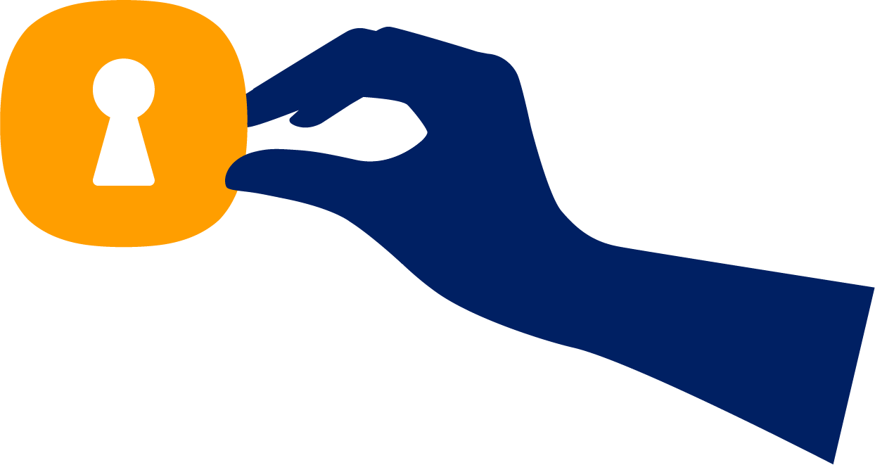 O ícone de acesso com um símbolo de fechadura entre as silhuetas de duas mãos, enquanto uma mão está passando o ícone para a outra.