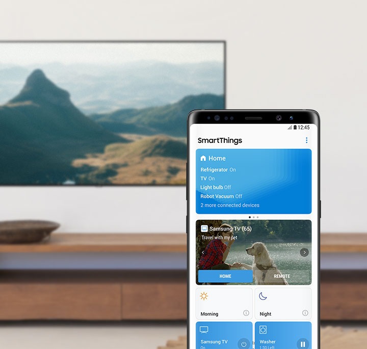 Página principal do aplicativo SmartThings em um celular; o botão “HOME” (Início) na TV conectada é realçado.