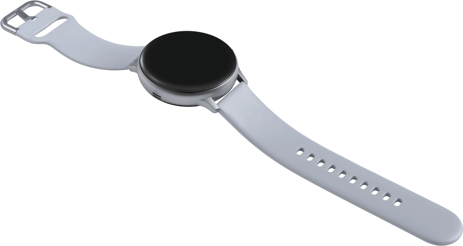Um relógio Galaxy Watch Active2 prateado carregando sobre um carregador sem fio redondo com a mesma circunferência do mostrador do relógio.