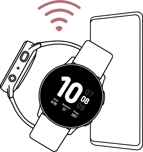 Uma linha contornando um smartphone ao lado de um relógio Galaxy Watch Active2 com um ícone de sinal apagado acima indicando que os dois dispositivos estão conectados.