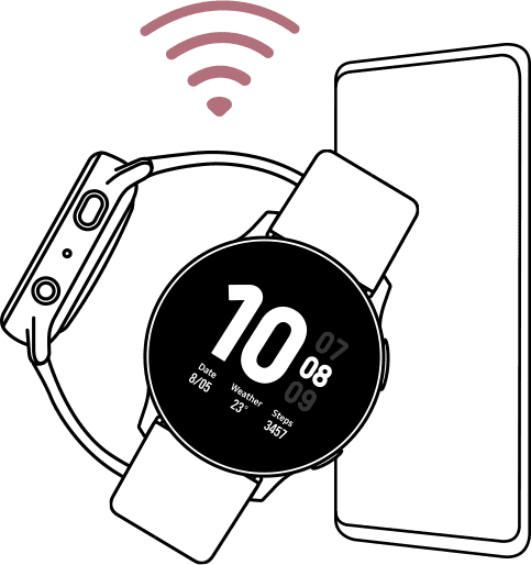 Uma linha contornando um smartphone ao lado de um relgio Galaxy Watch Active2 com um cone de sinal apagado acima indicando que os dois dispositivos esto conectados.