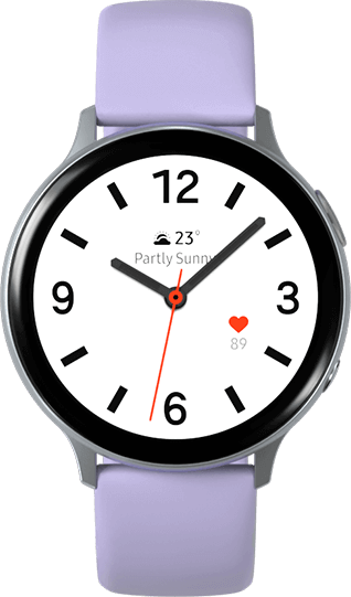 Cinco relógios Galaxy Watch Active2 com pulseira esportiva verde, pulseira de couro laranja, pulseira esportiva violeta, pulseira de couro rosa e pulseira esportiva preta com vários mostradores de relógio que permitem várias combinações são mostrados em um único grupo.