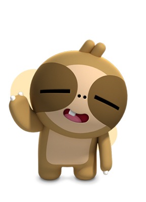 Image simulée de Cooki le paresseux du village Samsung Kids avec l'icône de l'application Vidéo Cooki.