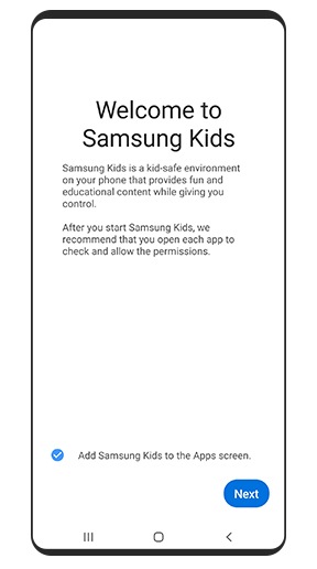 L’écran d’accueil Samsung Kids affiche un message et un bouton Suivant pour passer à l’étape suivante.