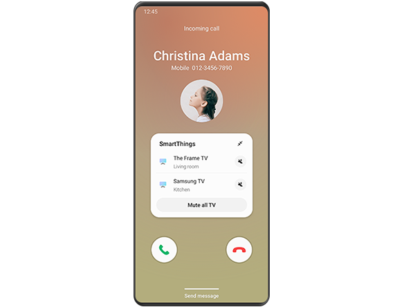 Une IUG de téléphone intelligent Galaxy affiche un appel entrant de Christina Adams ainsi que la fenêtre contextuelle SmartThings qui vous permet de mettre en sourdine le téléviseur du salon, le téléviseur de la cuisine ou tous les téléviseurs.