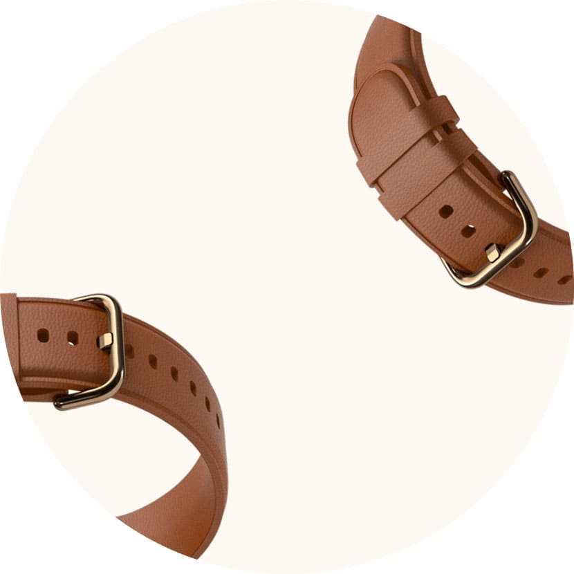 A Galaxy Watch Active2 watch strap that turns into a brown leather strap with a QR code to the left that when scanned changes the watch face into a design matching it.