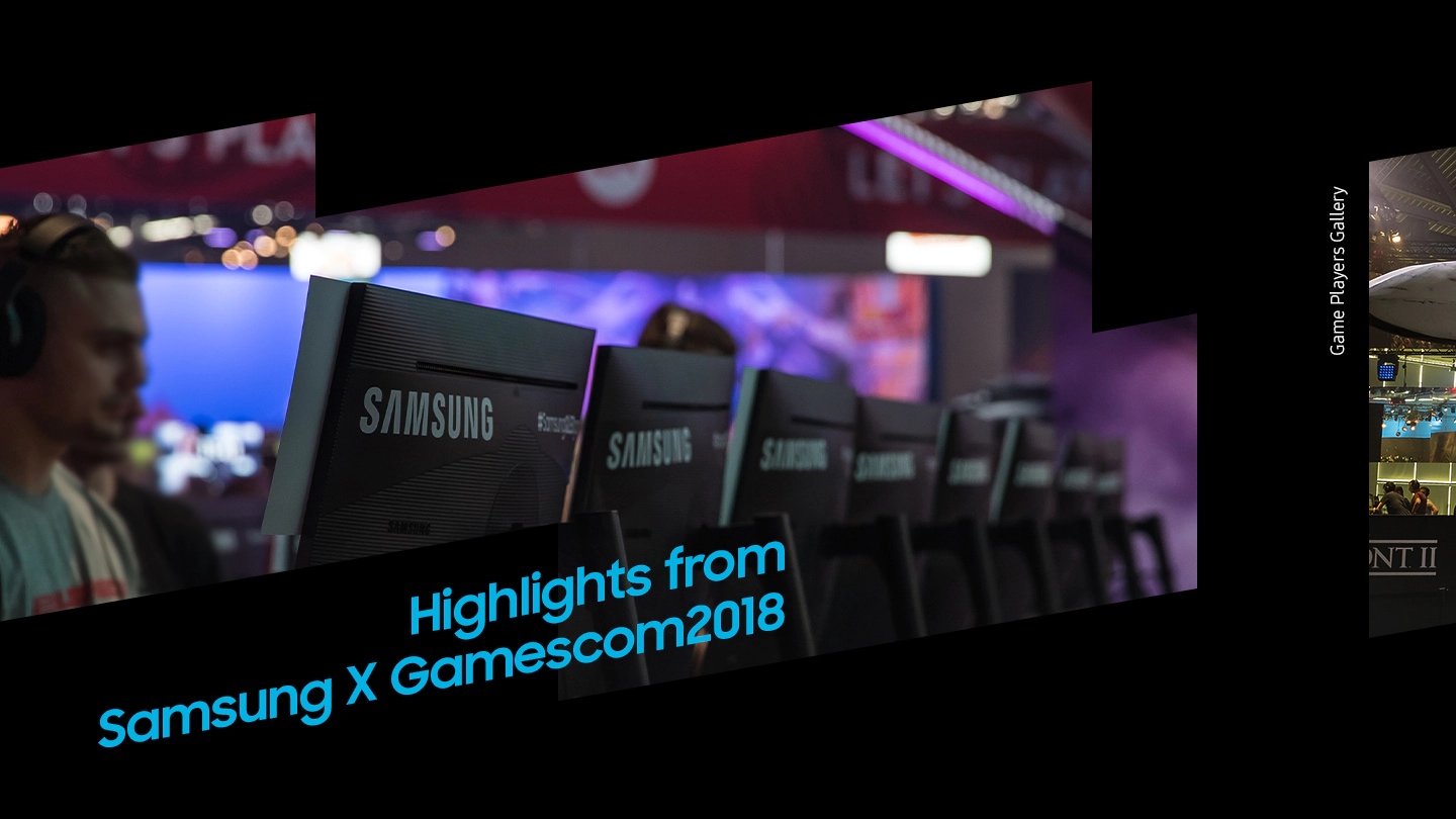 In the place where Highlight from Samsung X Gamescom 2018, several people are experiencing the gaming monitor, shooting the people they are experiencing, and the reporter is reporting the situation