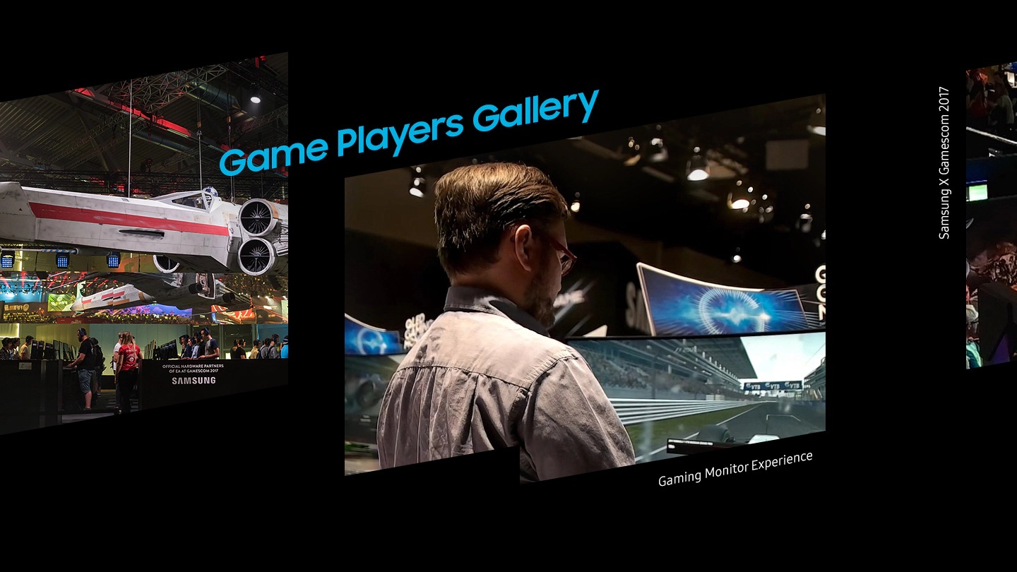 Game players gallery. Gamer is playing racing game with Samsung gaming monitors
