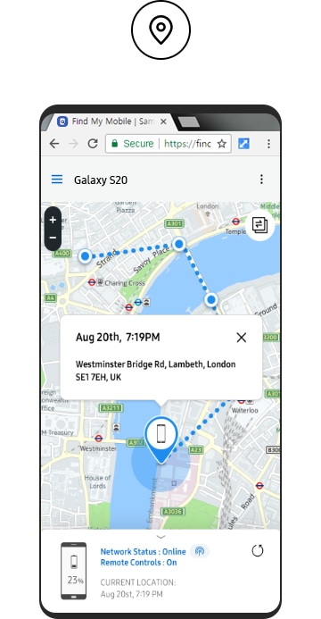 Un teléfono inteligente que muestra en un mapa la ubicación actual de un dispositivo perdido. Arriba del teléfono está el icono “Localizar mi dispositivo”. 