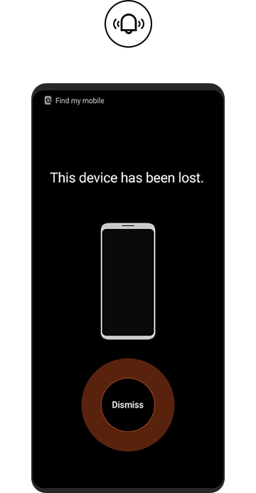 Un teléfono inteligente cuyo tono de llamada está sonando para notificar que está perdido. Arriba del teléfono está el icono “Hacer sonar mi dispositivo”. 